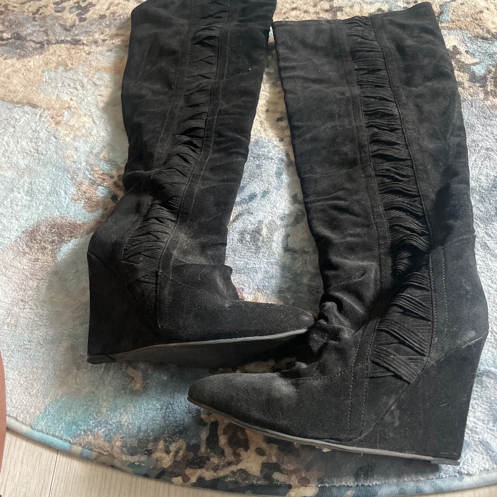 Black wedge knee high boots